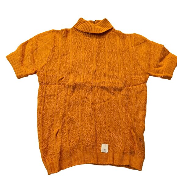 Vintage 1940s-1950s Short Sleeve Mustard Yellow Ribbed Mock Turtleneck Sweater - Picture 3 of 7